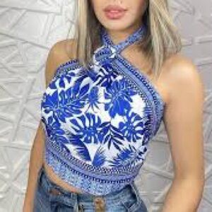 Milk and honey Tropical Blue Halter Crop Top